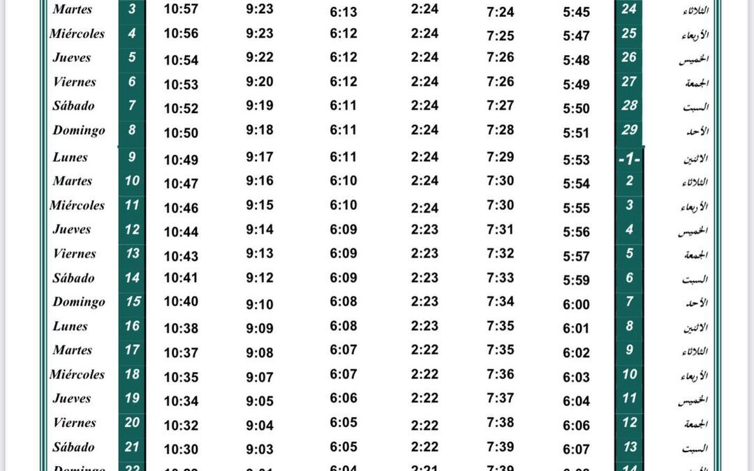 Horario oraciones de agosto 2021