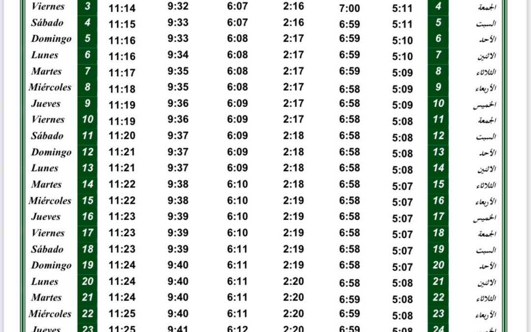 Horario oraciones de junio 2022