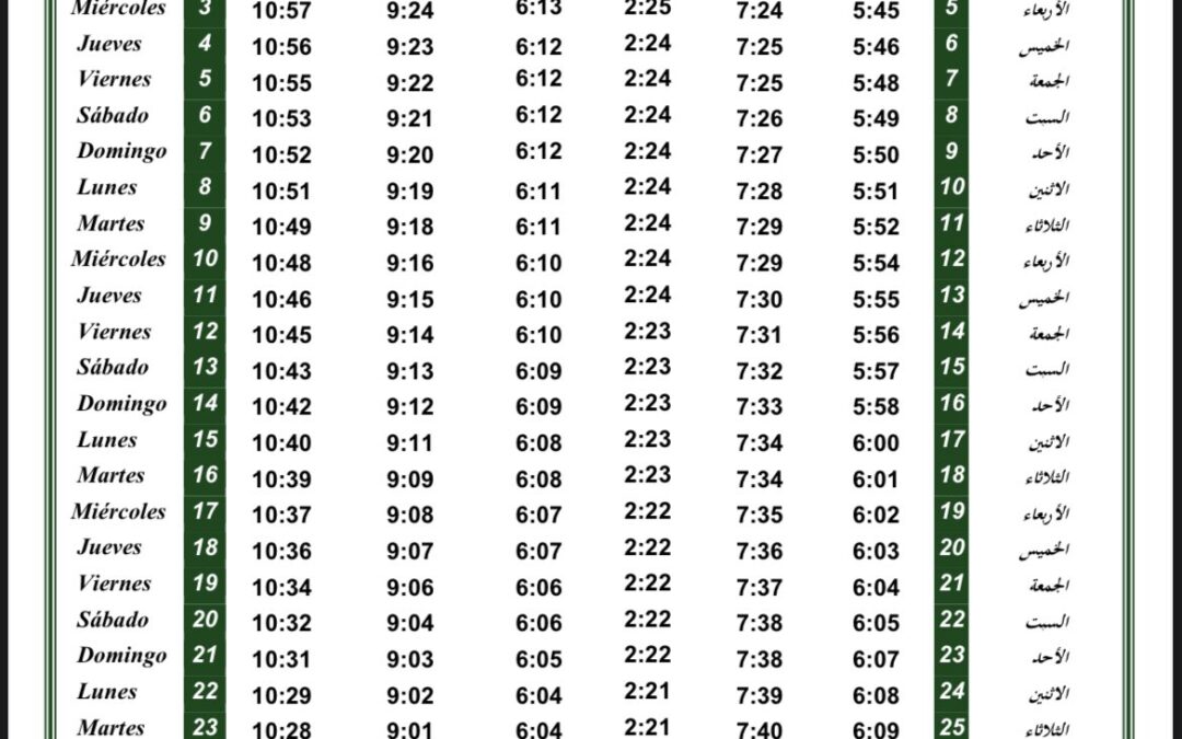 Horario oraciones de agosto 2022